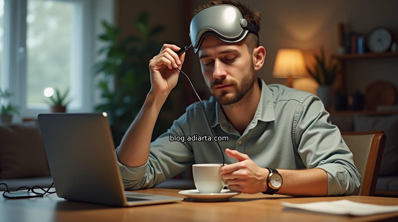 Ilustrasi lucu biohacking - manusia meng-upgrade tubuh seperti gadget