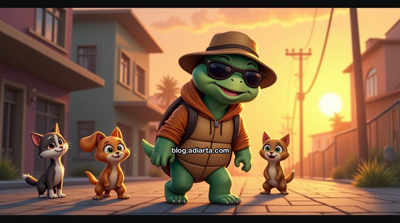 Kura-kura pakai hoodie dan kacamata jalan santai dengan percaya diri