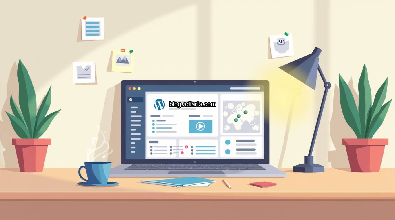 Ilustrasi laptop dengan dashboard WordPress di meja kerja santai