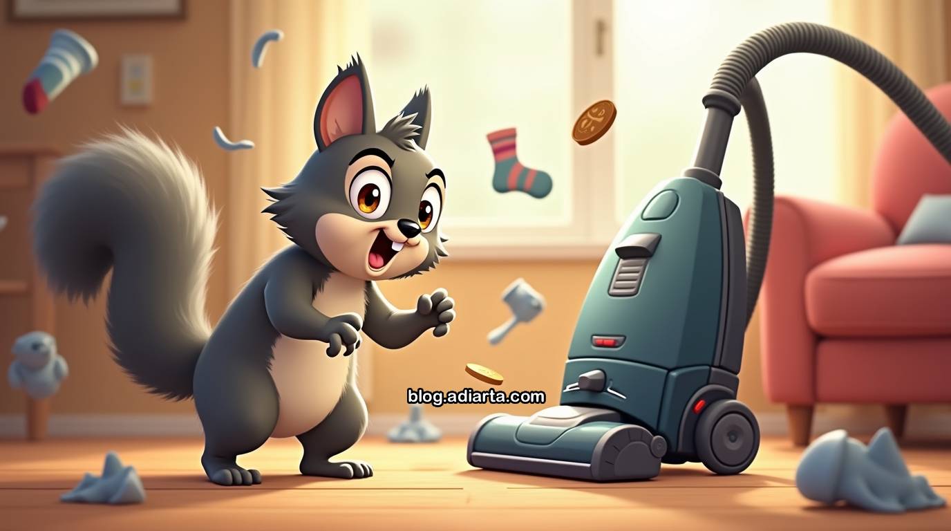 Tupai lucu menghadapi vacuum cleaner seperti adegan perang