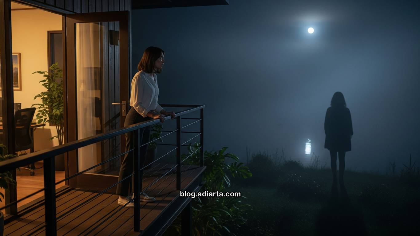 Kota misterius di malam hari dengan lampu jalan menyala dan bayangan panjang