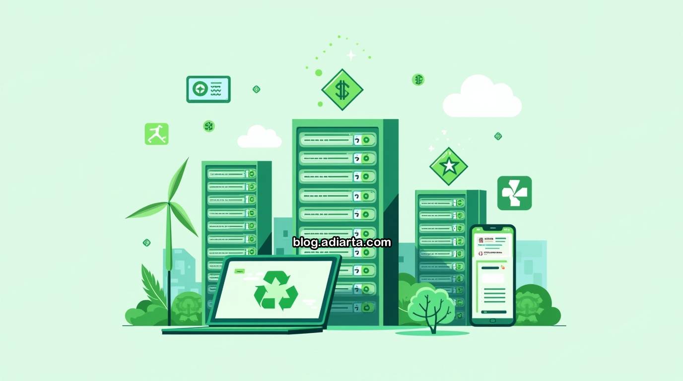 Ilustrasi green computing dengan data center hijau, energi terbarukan, dan gadget modular.