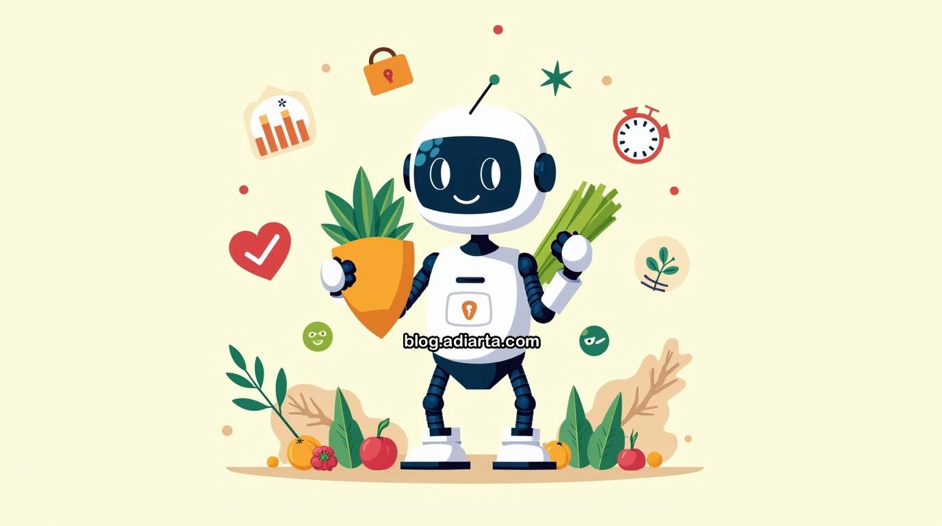 Ilustrasi AI veganism dengan robot ramah, ikon privasi data, dan simbol energi terbarukan.