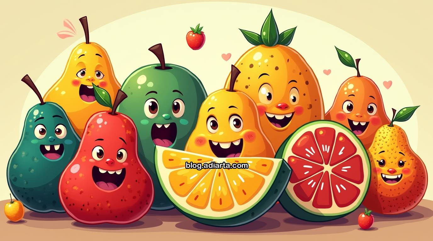 Ilustrasi digital berbagai buah-buahan dengan ekspresi wajah dan karakter unik, mewakili sifat manusia yang beragam.