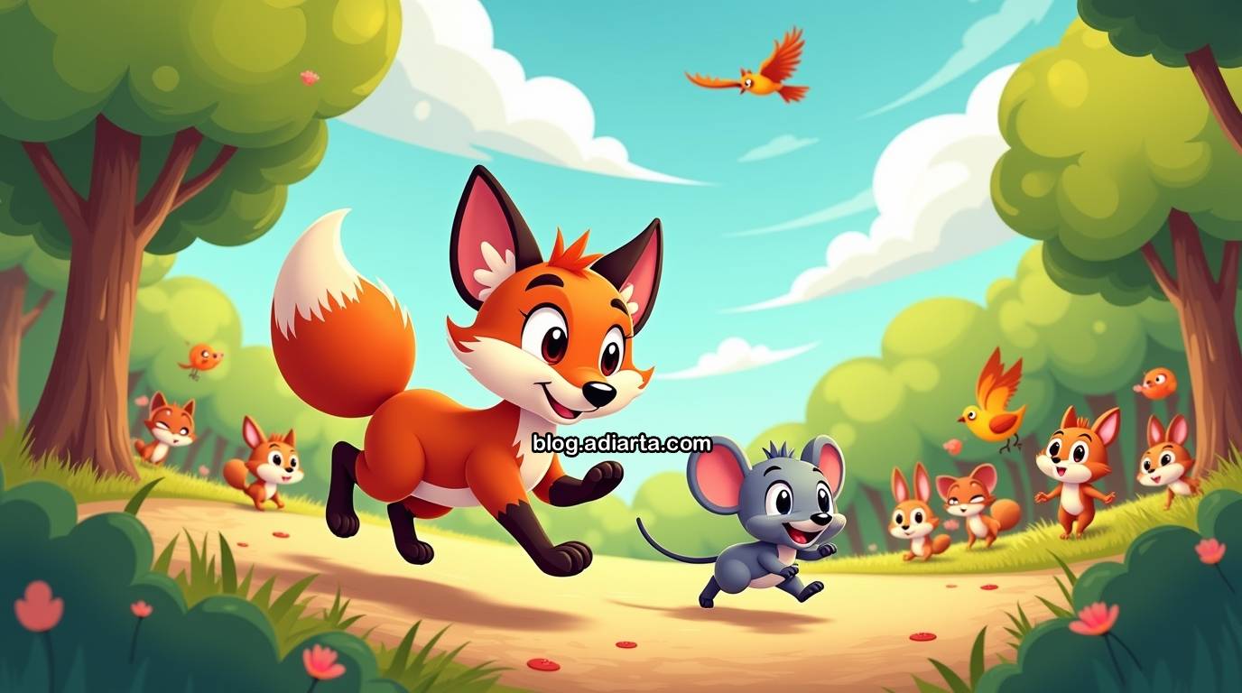 Ilustrasi lucu si Rubah dan Tikus sedang berlomba di hutan dengan penonton hewan lain.