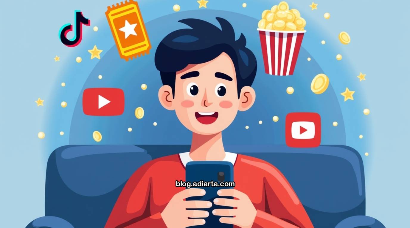 Ilustrasi Gen Z menonton trailer film di smartphone dengan ikon media sosial.