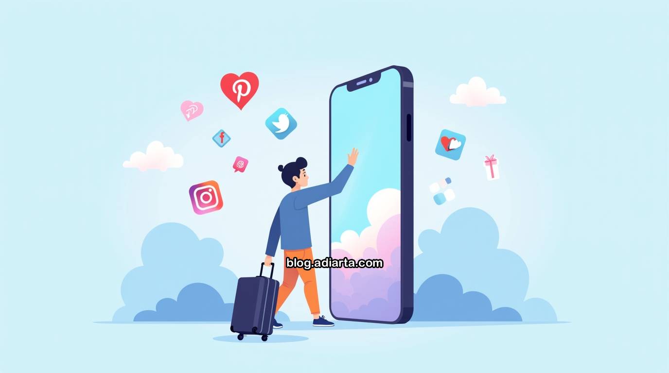 Ilustrasi pemuda masuk ke dalam layar smartphone dengan ikon media sosial