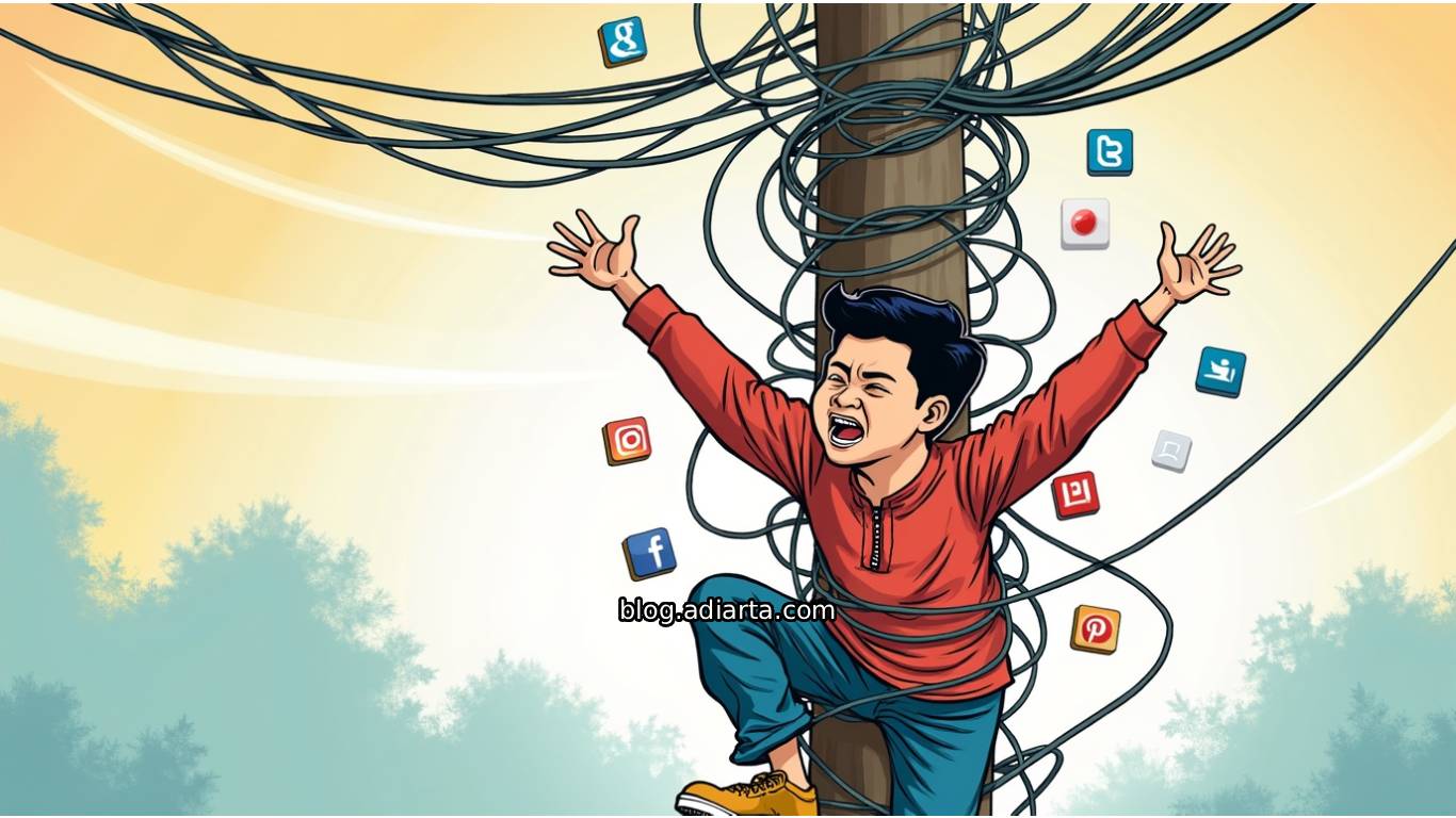 Ilustrasi humoris pria memanjat tiang panjat pinang digital yang penuh ikon media sosial.
