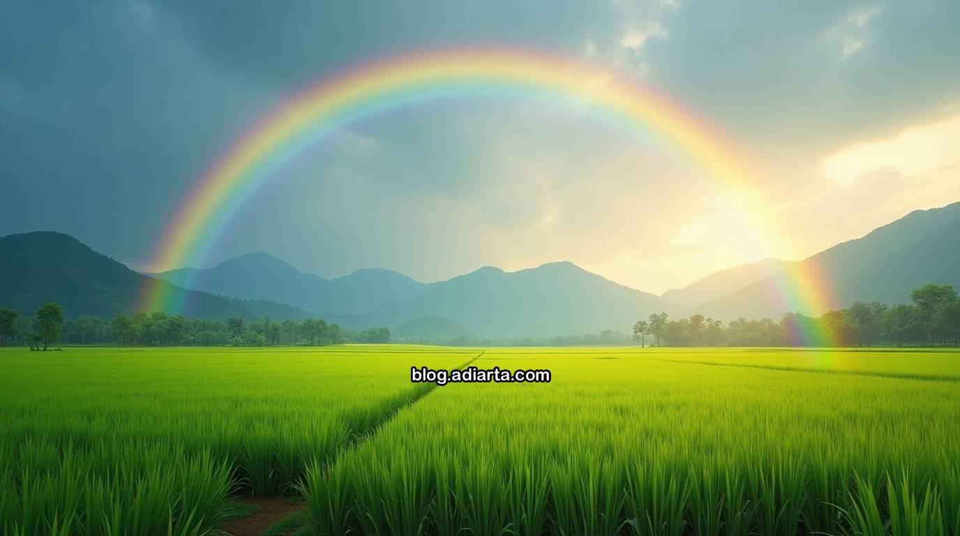 Pelangi membentang di atas sawah dengan latar gunung