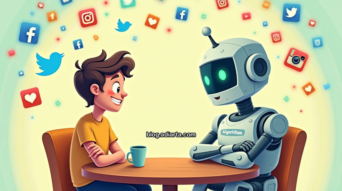 Ilustrasi orang duduk ngobrol dengan robot algoritma di meja kopi