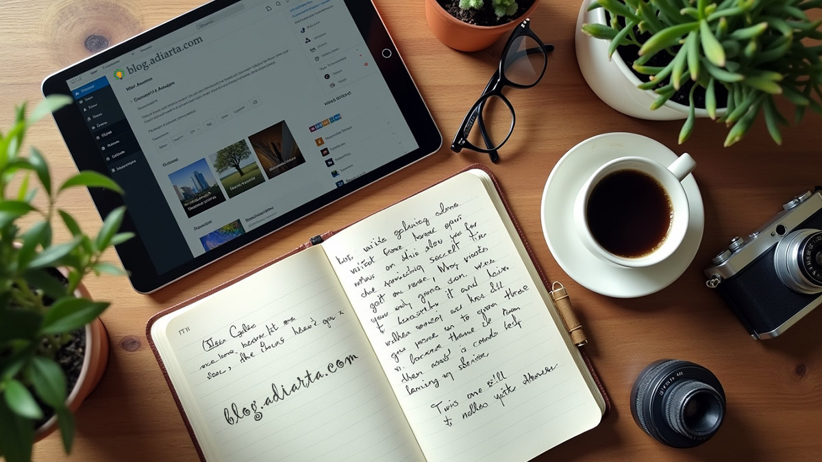 Meja kayu dengan notebook terbuka, kopi, tanaman hias, tablet WordPress, dan kamera vintage