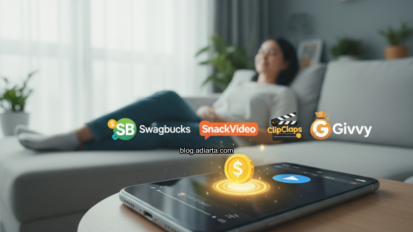 Ilustrasi ponsel menunjukkan logo aplikasi penghasil uang (SnackVideo, Swagbucks), melambangkan aktivitas nonton video dapat uang saat rebahan.