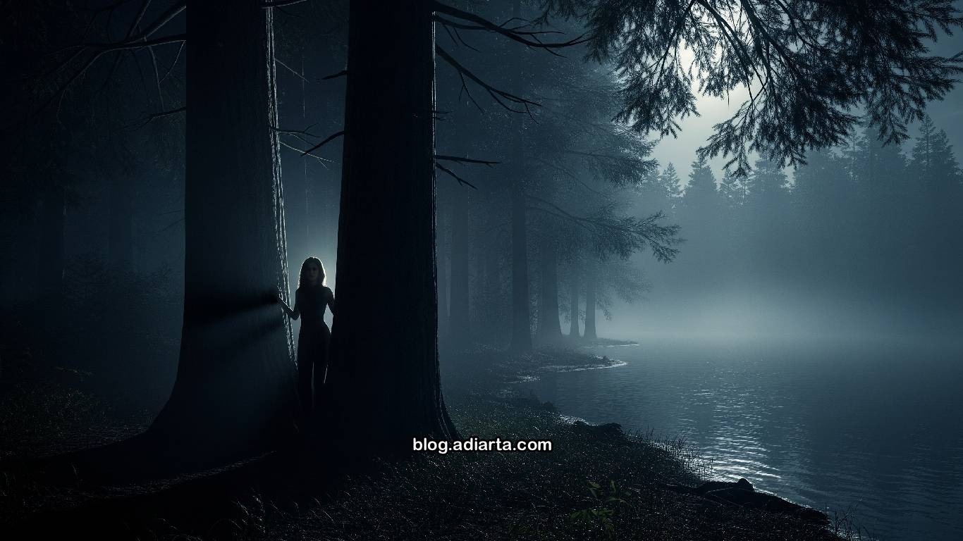 Sosok misterius bersembunyi di balik pohon dalam hutan malam yang diterangi cahaya bulan