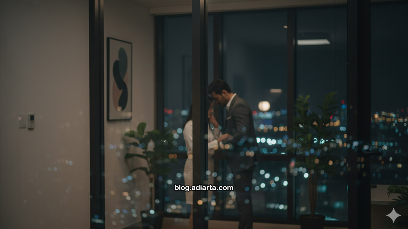 Dua siluet rekan kerja berdiri terlalu dekat di kantor modern saat malam.