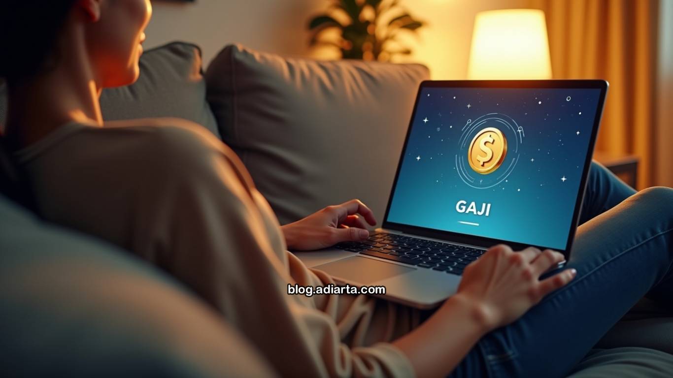 Orang rebahan di sofa sambil menonton video di tablet dengan ikon gaji/uang, melambangkan kerja sampingan santai.