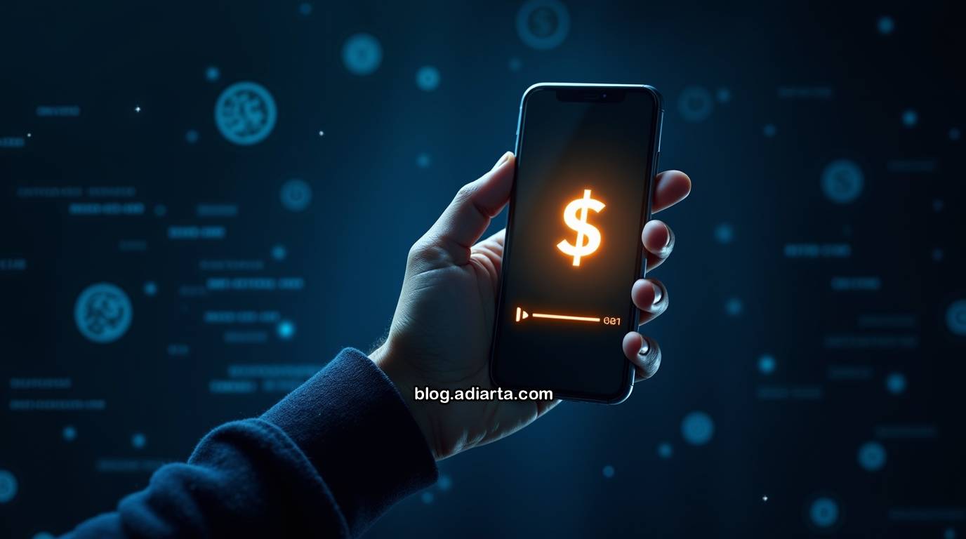 Tangan memegang smartphone dengan iklan dan ikon dolar di layar, melambangkan aktivitas nonton iklan dapat uang.