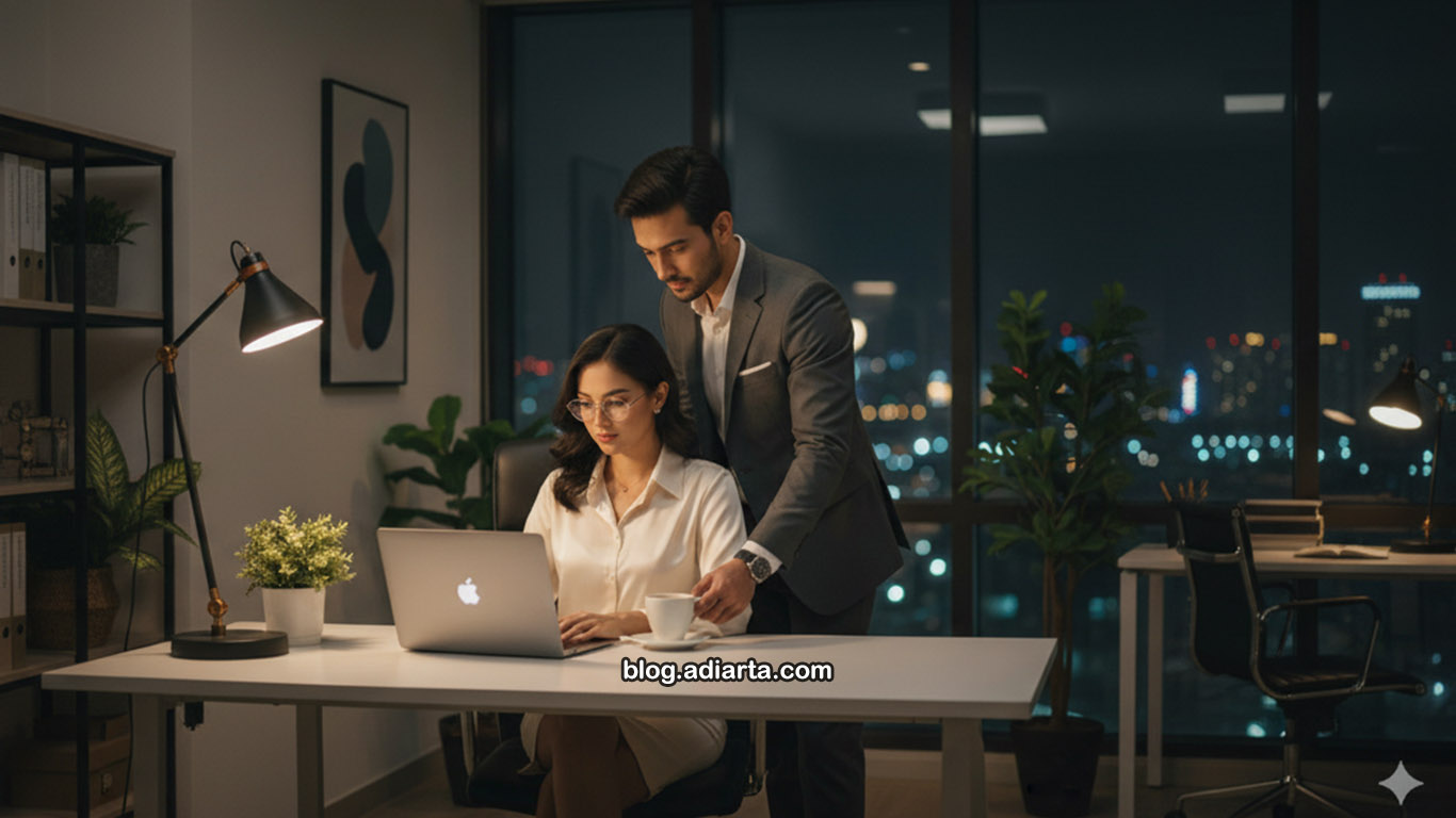 Naya dan Arga di kantor larut malam, dalam ketegangan romantis.