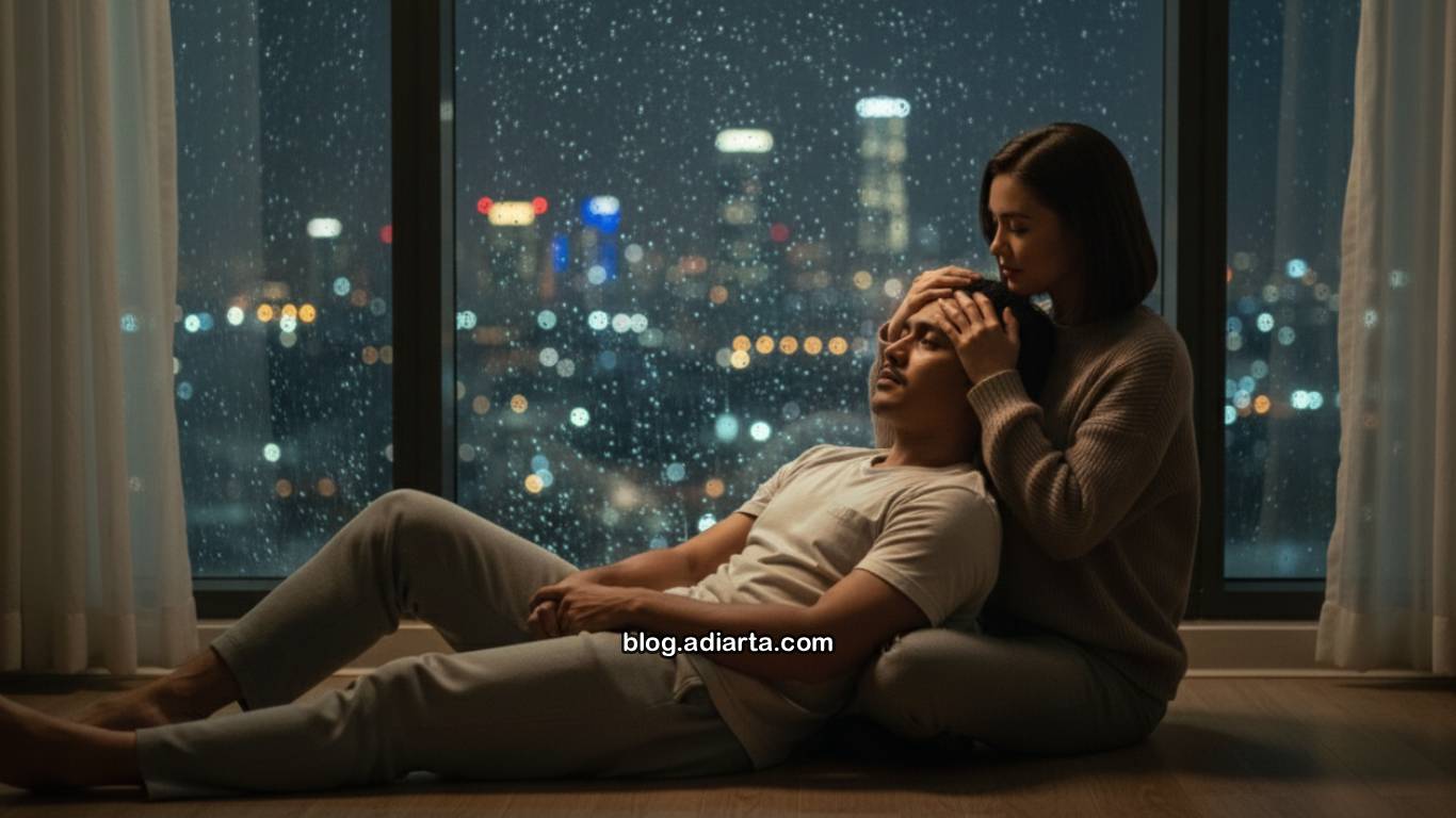Ardi bersandar di pangkuan Rara di apartemen remang dengan latar hujan kota, menggambarkan momen intim dan rapuh mereka.